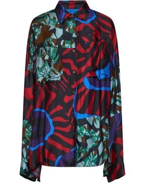 Dries Van Noten Marbled Clay-Print Fluid Twill Casia Cocoon Shirt - Blue