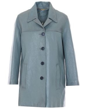 Chloé Long Single-Breasted Leather Jacket - Blue