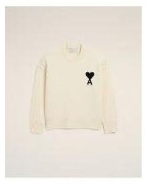 Ami Paris Crewneck Sweater With Contrasted Ami De Coeur - Natural
