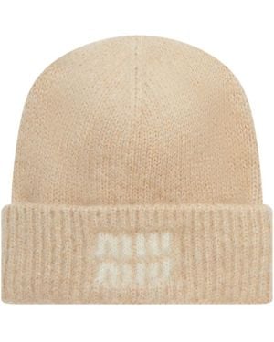 Miu Miu Mohair Wool Logo Hat - Natural