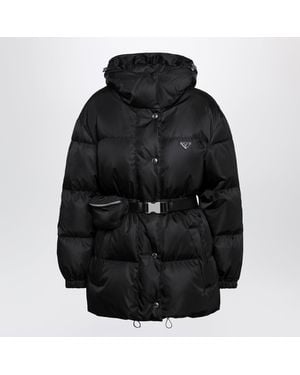 Prada Re-Nylon Hooded Padded Jacket With Front Pouch - Black