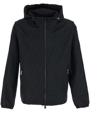 Fendi Jacket With Drawstring Hood And All-Over Ff Motif - Blue