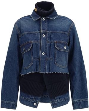 Sacai Denim Jacket With Wool Knit Layer - Blue
