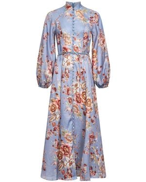 Zimmermann Light Floral Chambray Linen Awaken Midi Dress - White