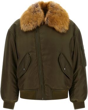 Saint Laurent Removable Shearling Neck Bomber Jacket - Green