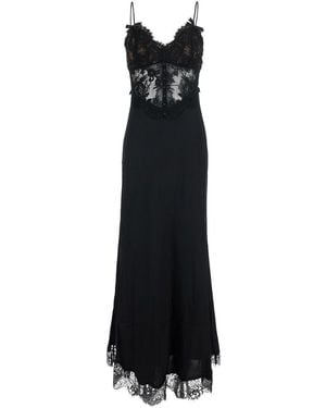 Self-Portrait Long Dress With Lace Embroidery And Spaghetti Straps - Black