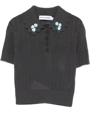 Self-Portrait Wool Embroidered Polo Shirt - Black