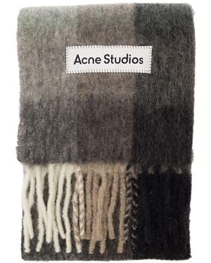 Acne Studios Scarf With Check Motif And Logo Patch - Gray