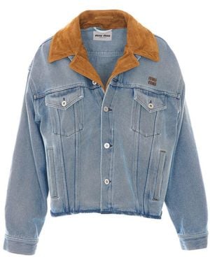 Miu Miu Washed Denim And Suede Logo Denim Jacket - Blue