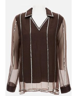 Wales Bonner Silk Organza V-Neck Shirt With Metal Stud Embellishments - Brown