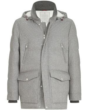 Brunello Cucinelli Bonded Wool Flannel Down Parka With Detachable Hood - Gray