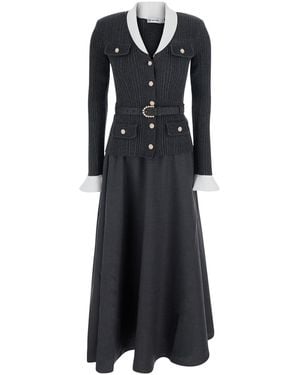 Self-Portrait Long Dress With V-Neck And Ribbed Design - Black