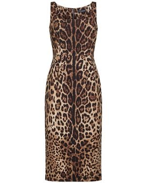 Dolce & Gabbana Leopard Printed Stretch Charmeuse Midi Dress - Natural