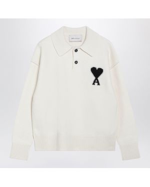 Ami Paris Ami De Coeur Wool Polo Sweater - White