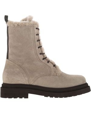 Brunello Cucinelli Suede Boot With Shearling Lining And Shiny Loop Detail - Brown
