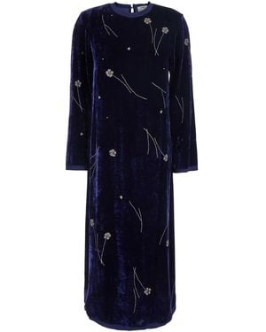 forte_forte Forte_Forte 'Fleurs D'Orient' Crew Neck Long Dress With All-Over Floral Embroidery - Blue