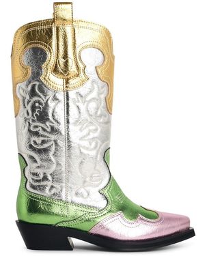 Ganni 'Western' Embroidered Boots With Medium Leg - Green