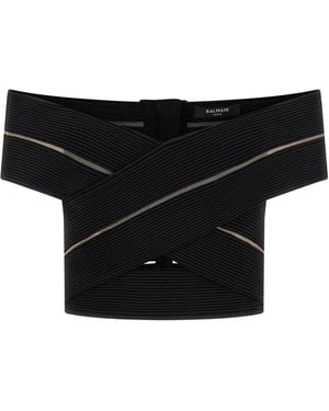Balmain Off-The-Shoulder Crop Top - Black