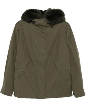 Yves Salomon Short Cotton Parka With Fox And Rabbit Fur - Green