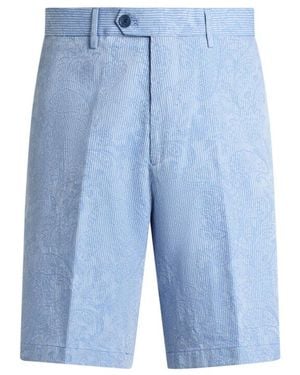Etro Jacquard Cotton Shorts With Floral Paisley Stripes - Blue