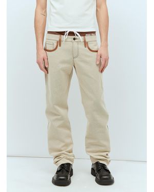 Miu Miu Leather Trim Canvas Pants - Natural