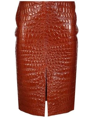 Saint Laurent Crocodile Embossed Leather Skirt - Red