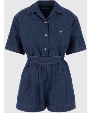 Prada Cotton Blend Chambray Mini Jumpsuit - Blue