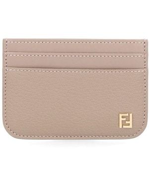 Fendi Leather Card Holder With Ff Logo - Natural