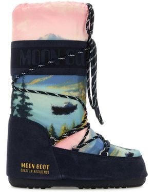 Moon Boot Printed Canvas And Suede X Guest In Residence Icon Boots - Blue