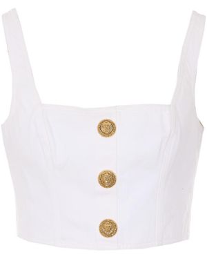 Balmain Buttoned Denim Top - White