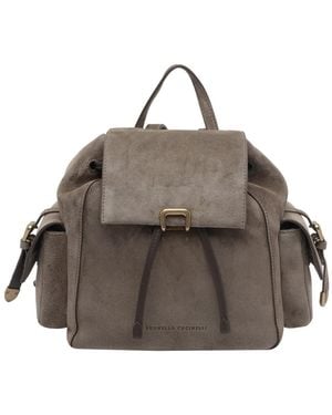 Brunello Cucinelli Logo Suede Backpack - Brown