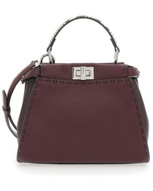 Fendi Bordeaux Peekaboo Tote Bag With Snakeskin Handle And Turn Lock Closure On Both Sides - Purple