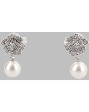 Self-Portrait Floral Crystal Pearl Drop Earrings - Gray