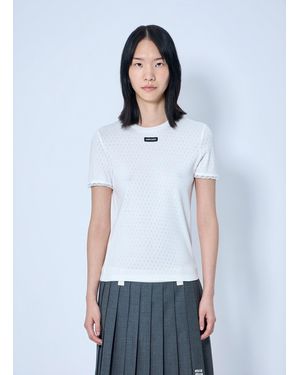 Miu Miu Lace-Trim Logo-Patch T-Shirt - White