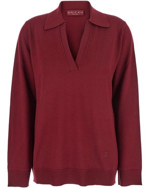 Gucci Bordeaux Polo Collar Sweater With Gg Logo On The Front - Red