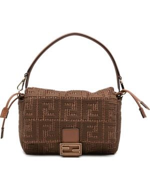 Fendi Mamma Baguette Embroidered Rafia Shoulder Bag - Brown