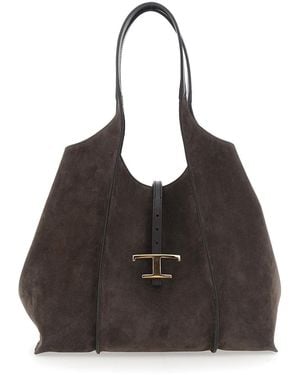 Tod's Shoulder Bag With Two Top Handles And T Plaque On The Front - Black