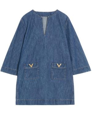 Valentino V-Neck Denim Minidress - Blue