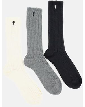 Ami Paris Pack Three Ami De Coeur Embroidery Socks - Blue