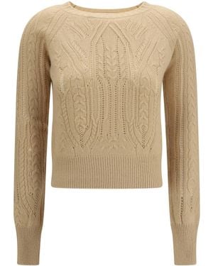Ermano Scervino Ermanno Scervino Long Sleeve Cable Knit And Openwork Cashmere Sweater - Natural