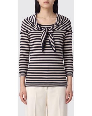 Max Mara Slim Fit Striped Wool Crewneck Sweater With Pussy-Bow Neck - Blue