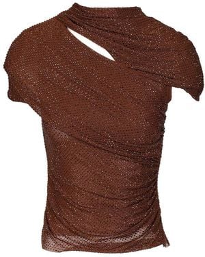 Self-Portrait Rhinestone Knit Top - Brown