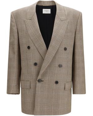 Saint Laurent Prince Of Wales Houndstooth Wool Blazer - Natural