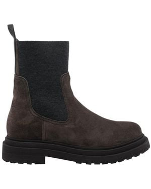 Brunello Cucinelli Suede Boot With Knitted Insert And Precious Loop Detail - Black