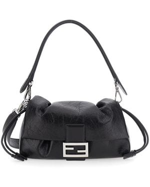 Fendi 'Baguette Soft' Medium Shoulder Bag With Ff Plate On The Front And Drawstring Closure - Black