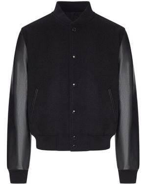 Celine Varsity Cloth Bomber Jacket With Leather Sleeves - Blue