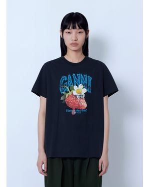 Ganni Fruit Logo Cotton T-Shirt - Blue