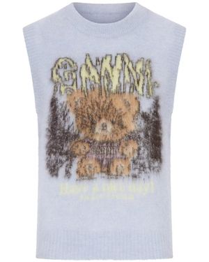 Ganni Crewneck Knitted Vest With Front Graphic Intarsia - White