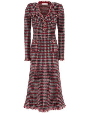 Self-Portrait Check Frayed Knit Midi Dress - Purple
