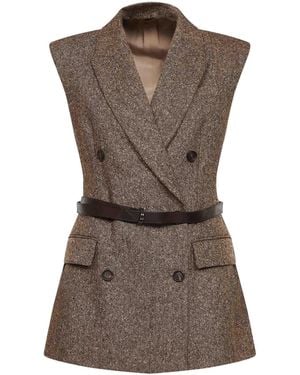 Brunello Cucinelli Belted Wool Double-Breasted Waistcoat - Brown